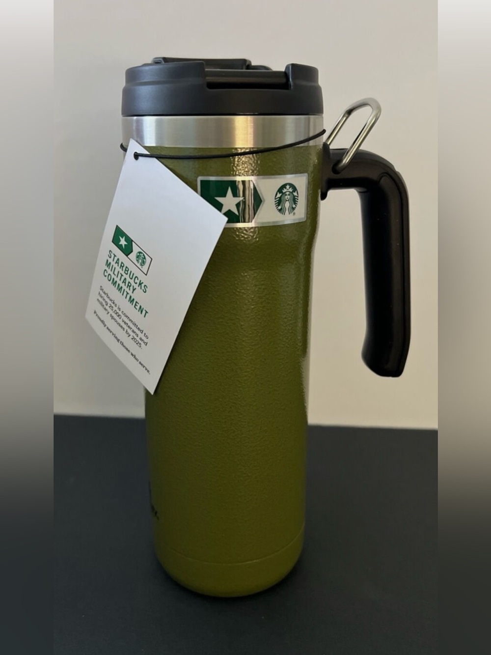 Starbucks Olive Green Travel Mug with Black Handle and Silver Trim